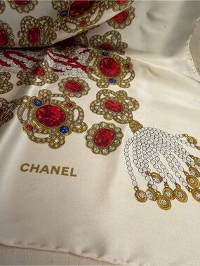 CHANEL Cream Silk Scarf with Red, Gold and Blue Jewel Motif